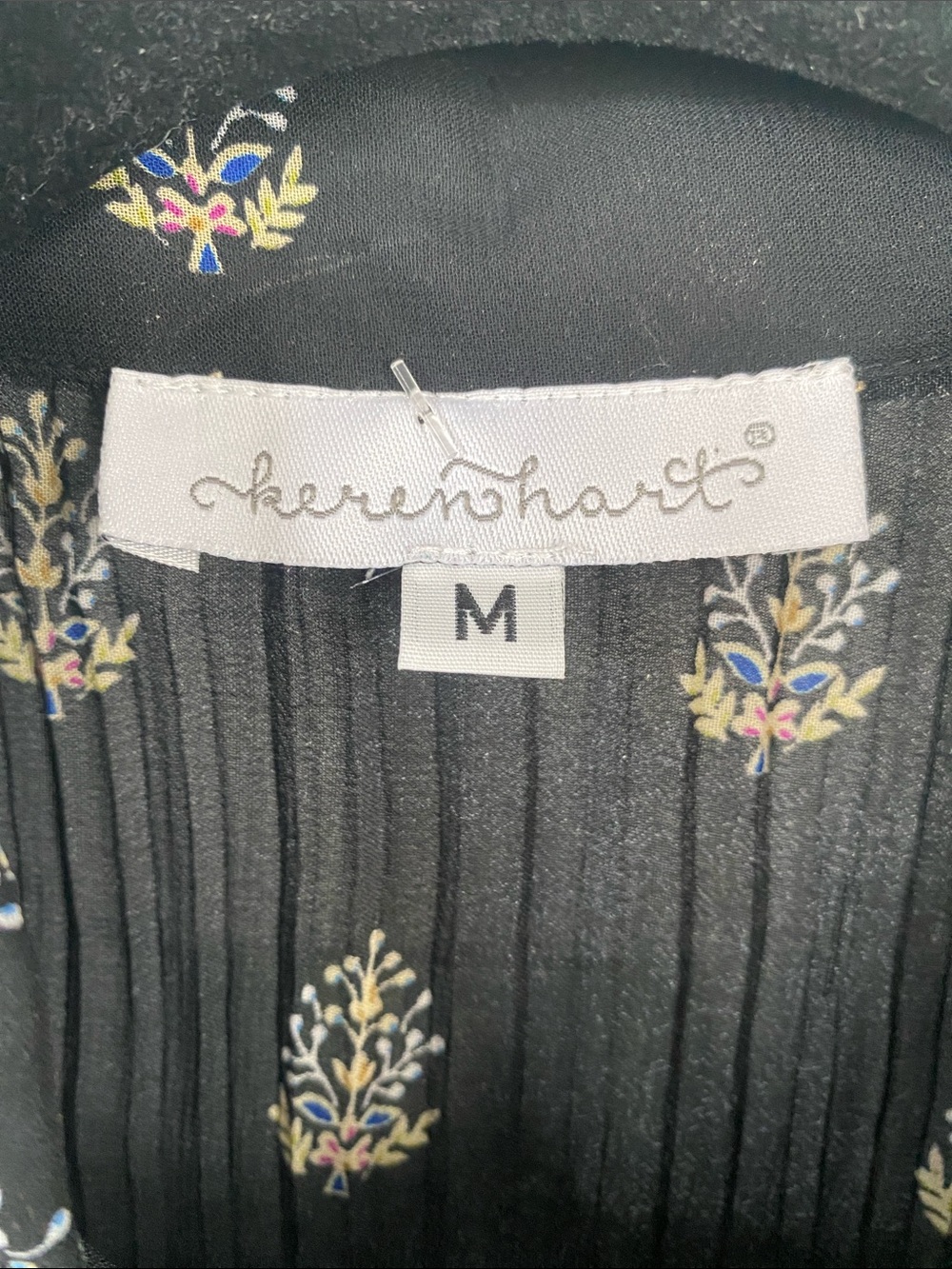 KEREN HART Black Ruffle Button-Front Blouse with Blue Yellow & Pink Florals - Picture 3 of 15